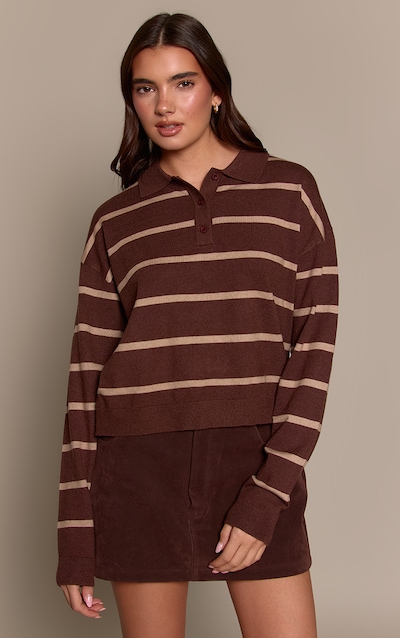 Chocolate Stripe Polo Knit Long Sleeve Rugby Top