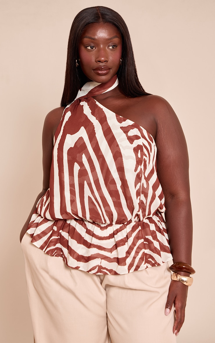Plus Zebra Sheer One Shoulder Flowy Ruched Long Top image 1