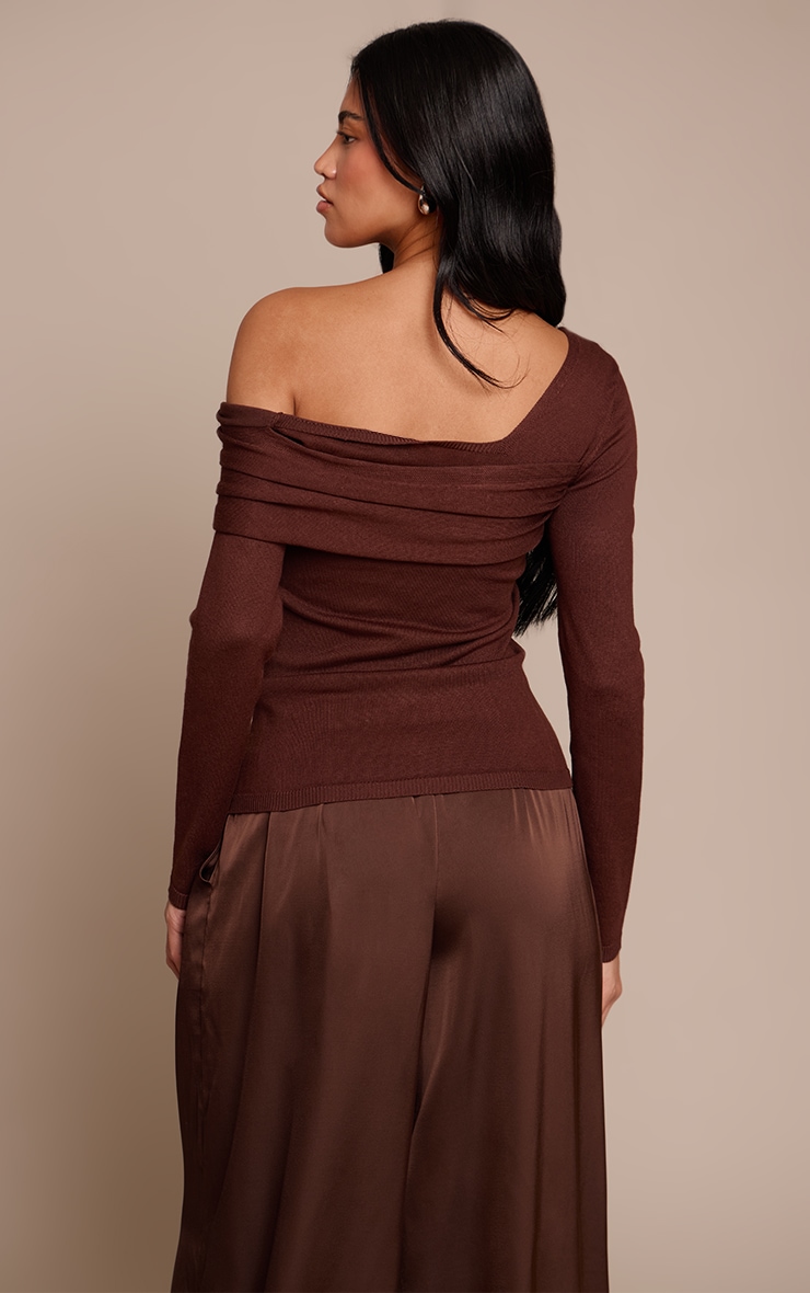 Chocolate Long Sleeve Asymmetric Shoulder Knitted Top image 2