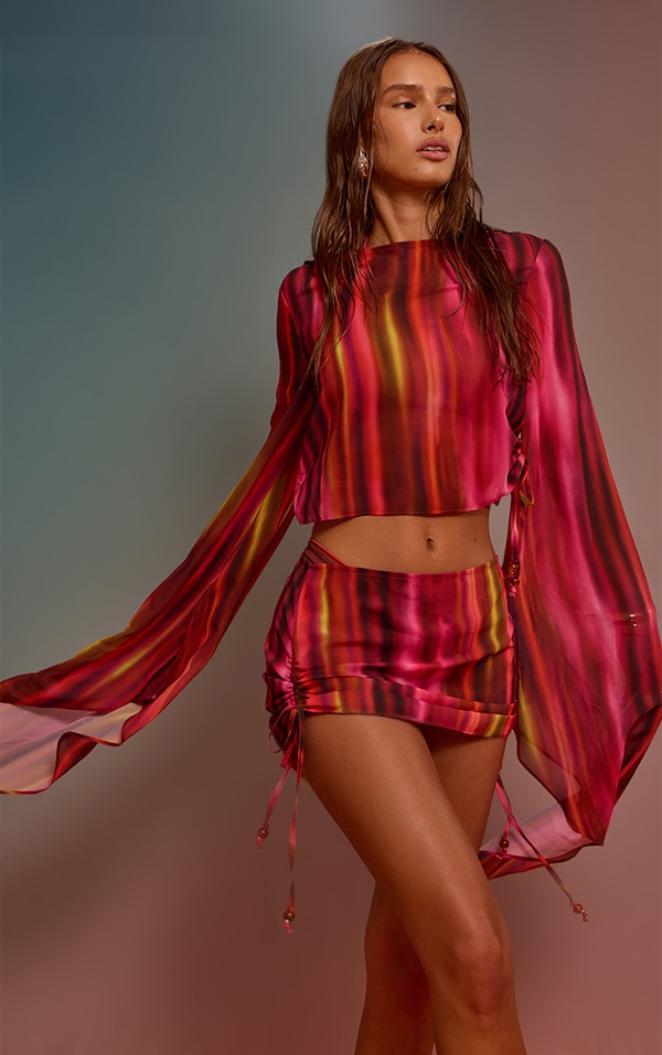 Purple Ombre Print Bead Trim Chiffon Beach Top