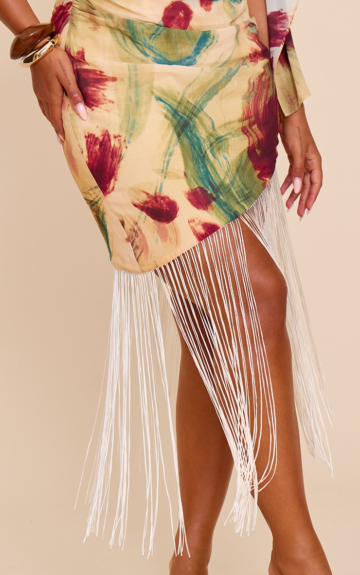 Shape Olive Abstract Print Fringe Hem One Shoulder Mini Dress image 4
