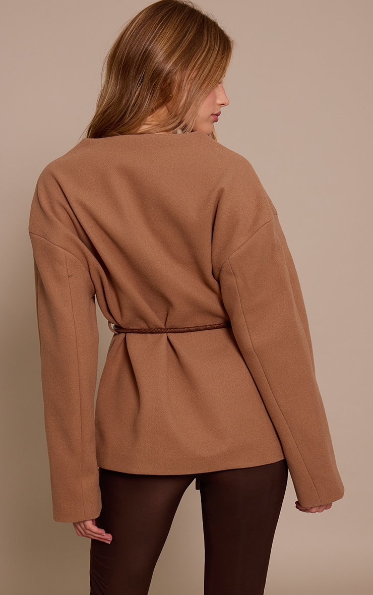 Camel Collarless Wrap Style Tie Waist Wool Look Coat image 2