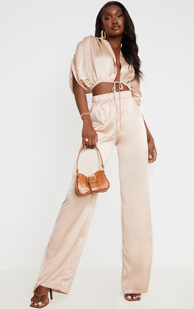 Tall Champagne Satin High Waisted Ruched Wide Leg Pants image 1