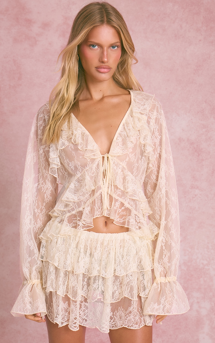 Cream Lace Frill Detail Tie Front Shirt image 4