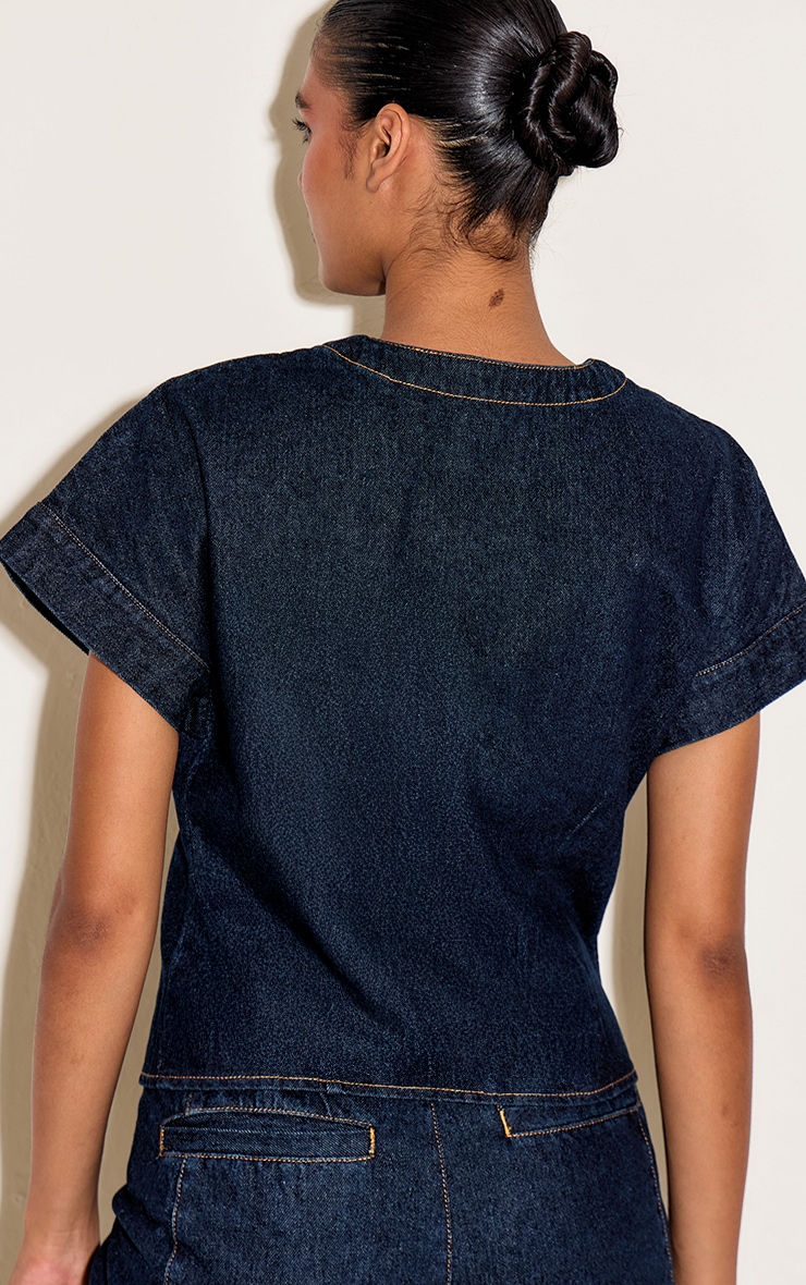 Indigo Round Neck Pocket Detail Cropped Denim Shirt image 2