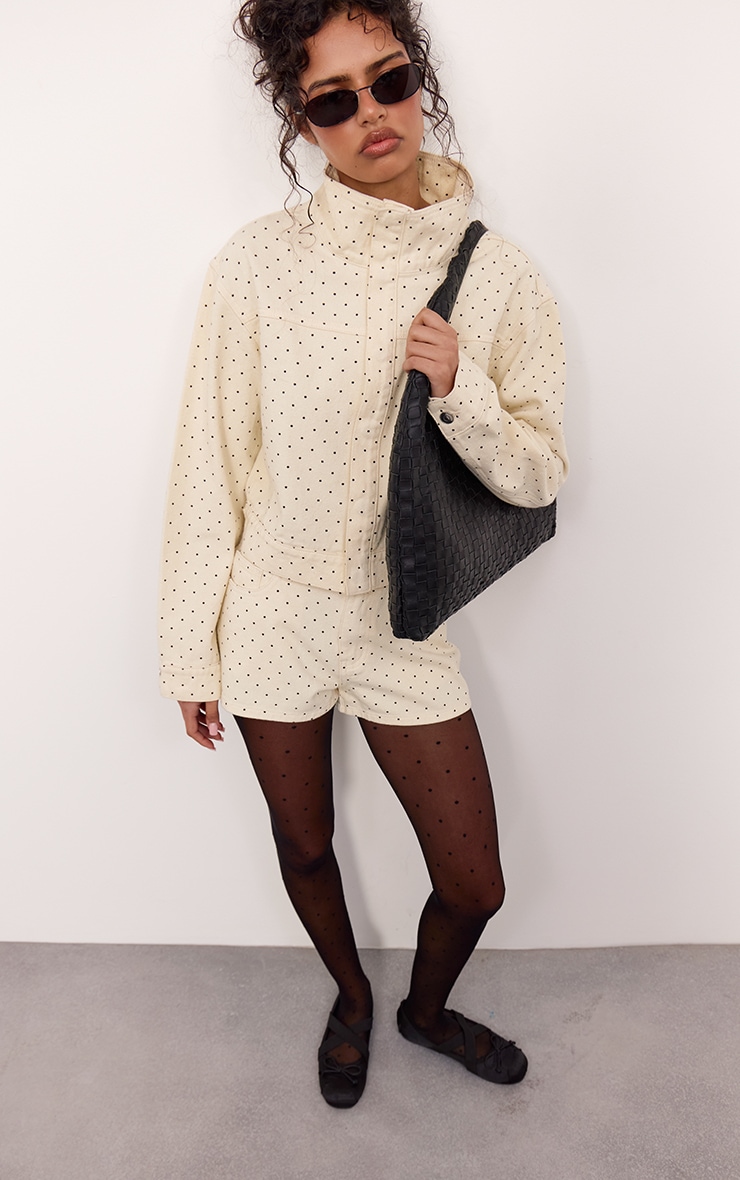 Cream Polka Dot Funnel Neck Cropped Denim Jacket