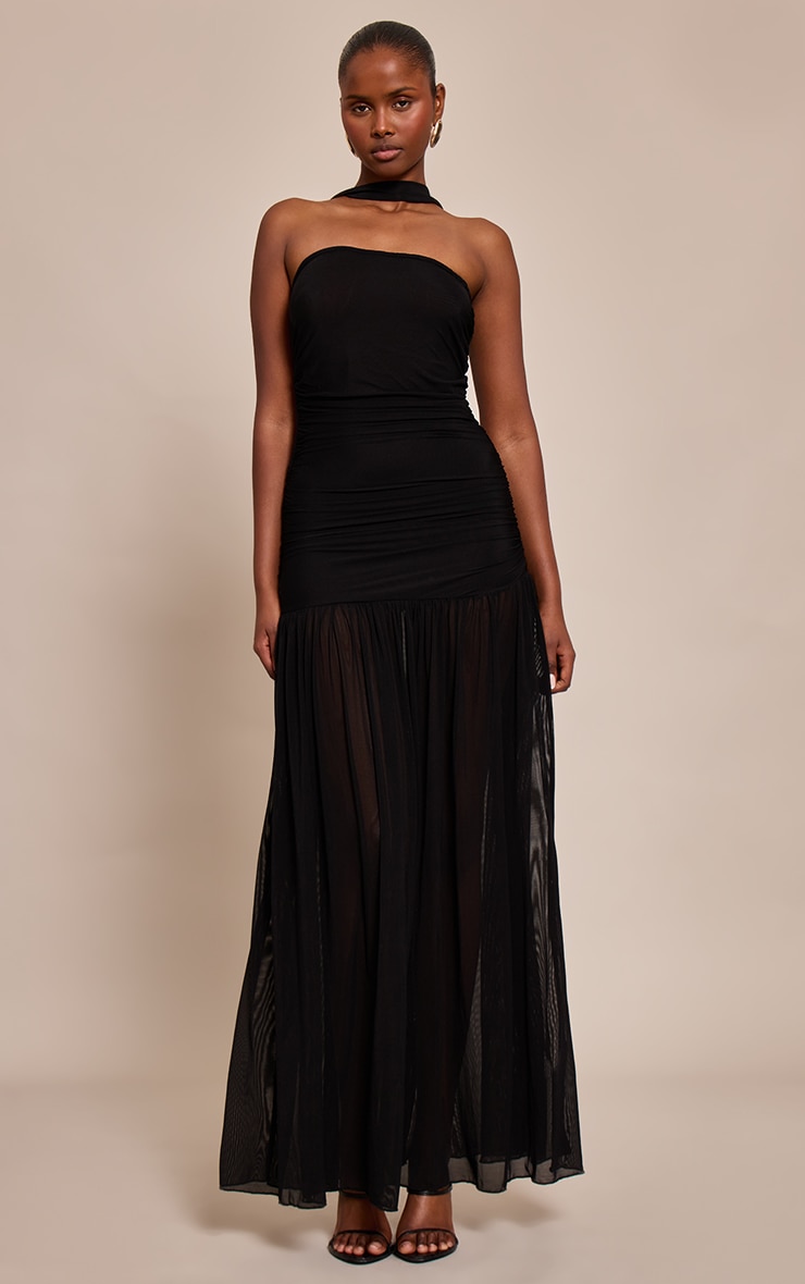 Black Ruched Scarf Dropped Waist Maxi Dress image 1