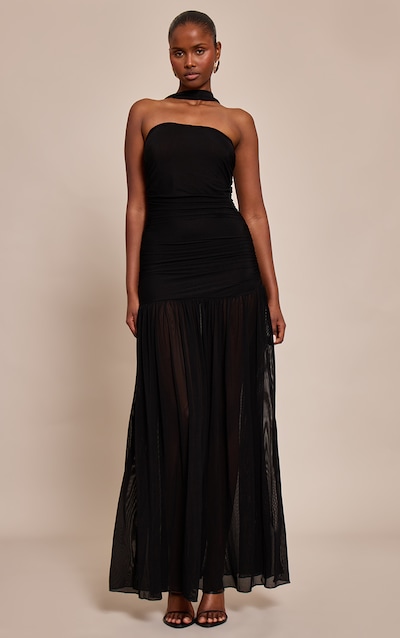 Black Ruched Scarf Dropped Waist Maxi Dress