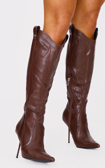 Chocolate PU Point Toe Distressed Western Stiletto Heeled Knee High Boots