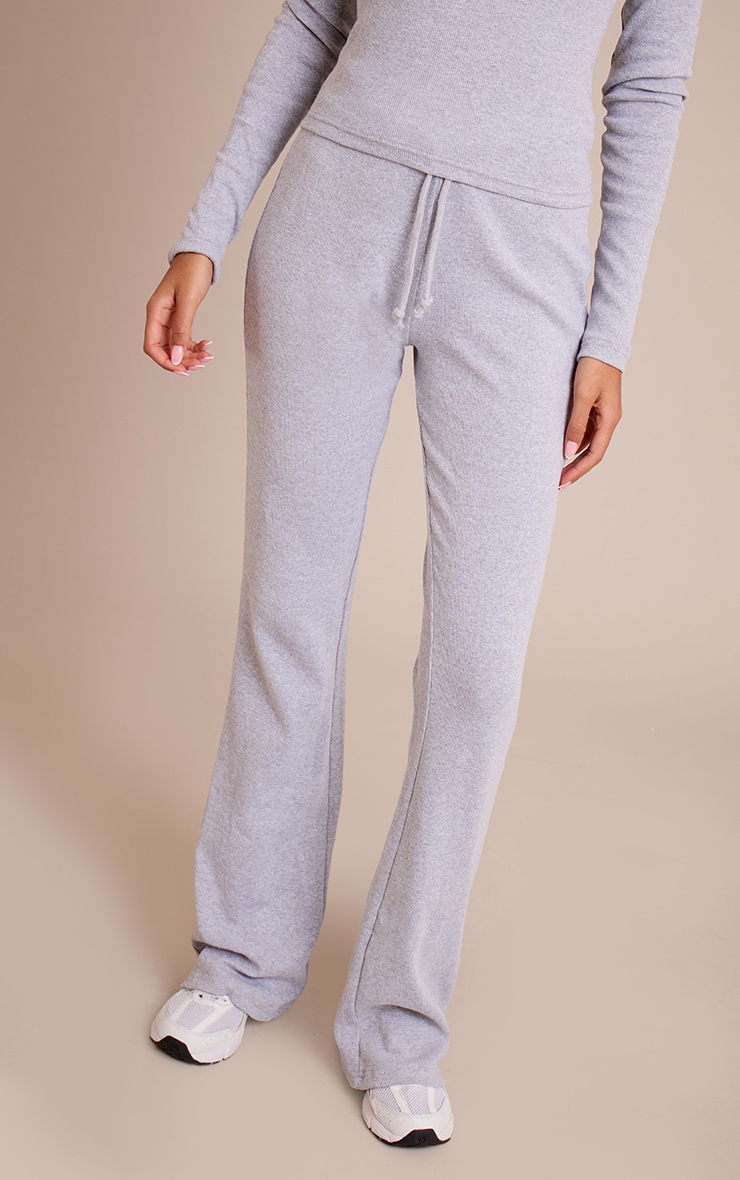 Tall Grey Marl Drawstring Rib Flare Pants image 2