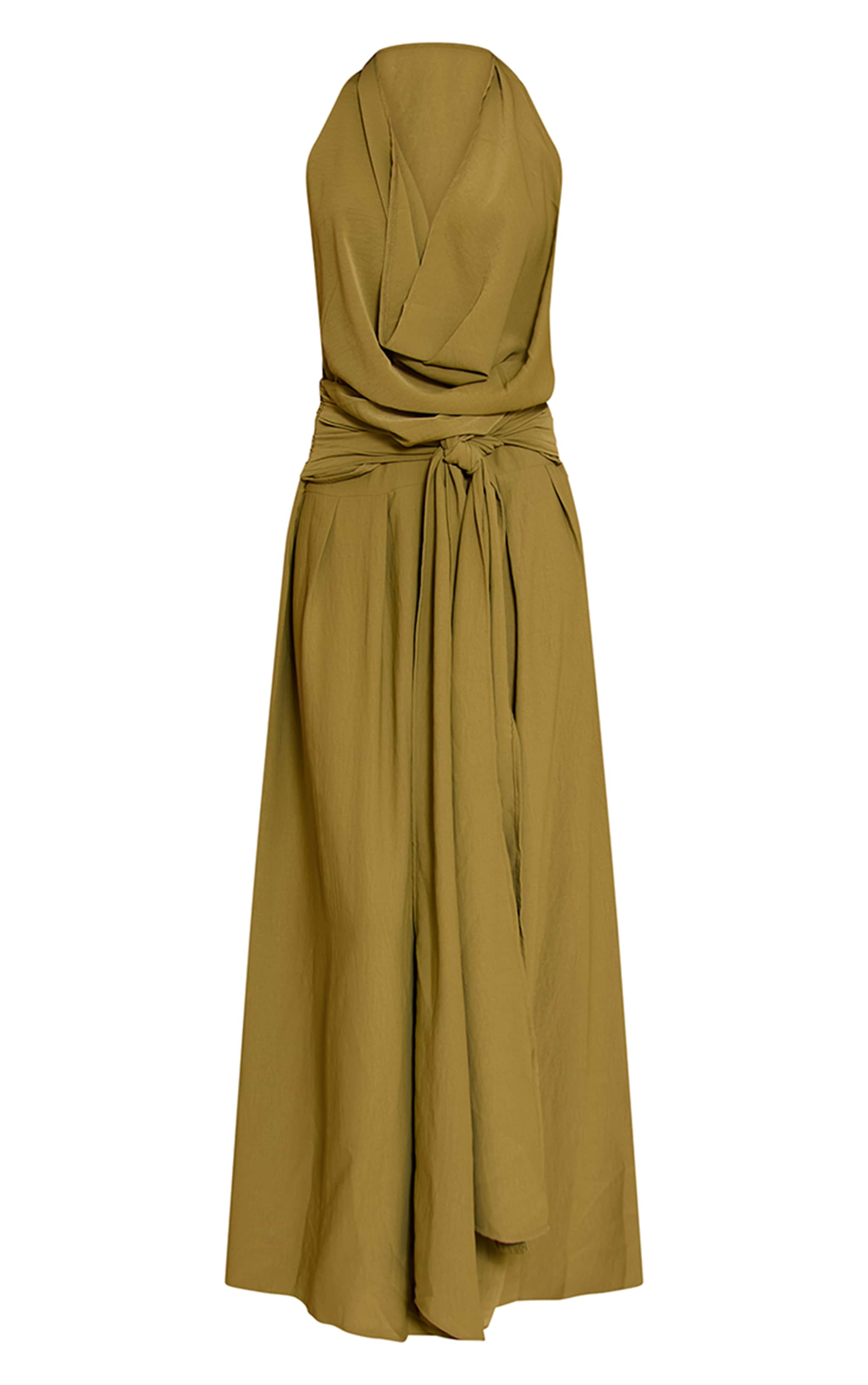 Robe longue fluide tissée vert olive à col bénitier et dos échancré image 5