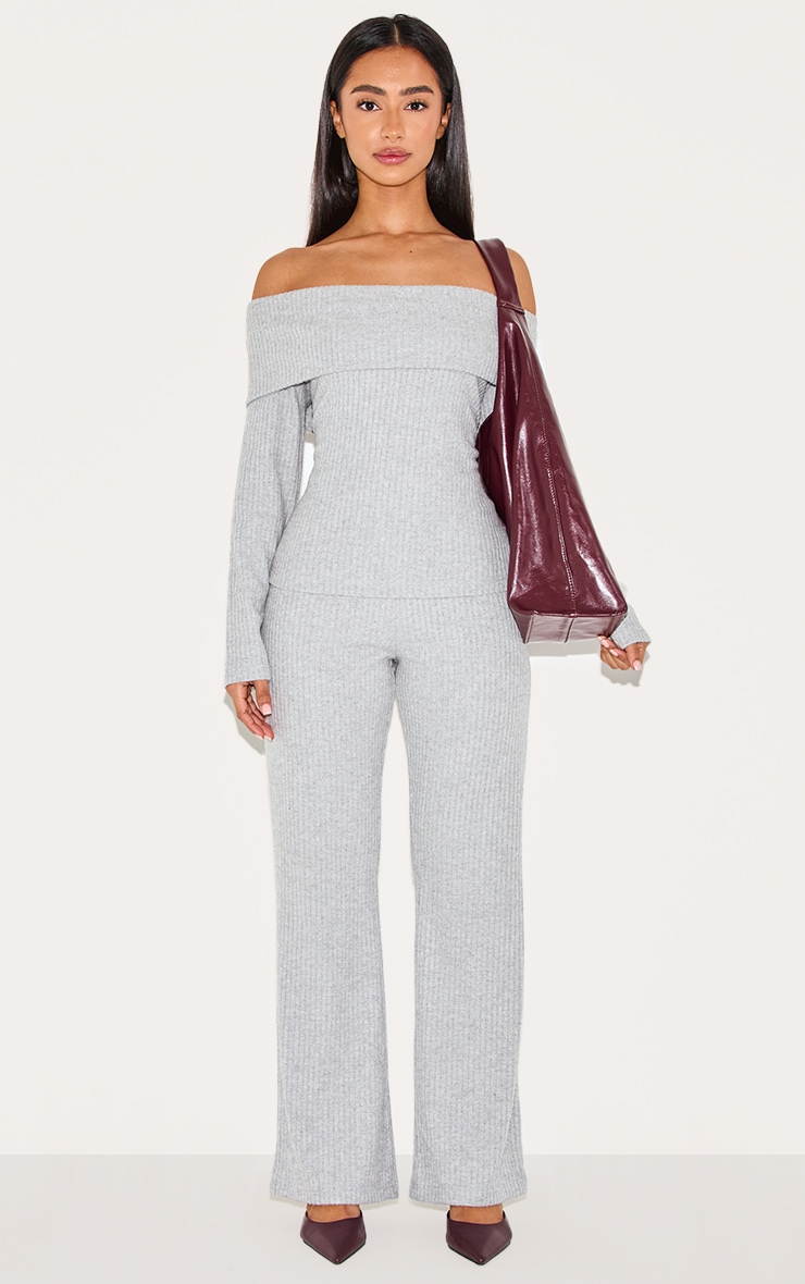Petite Grey Ribbed Bardot Long Top image 3