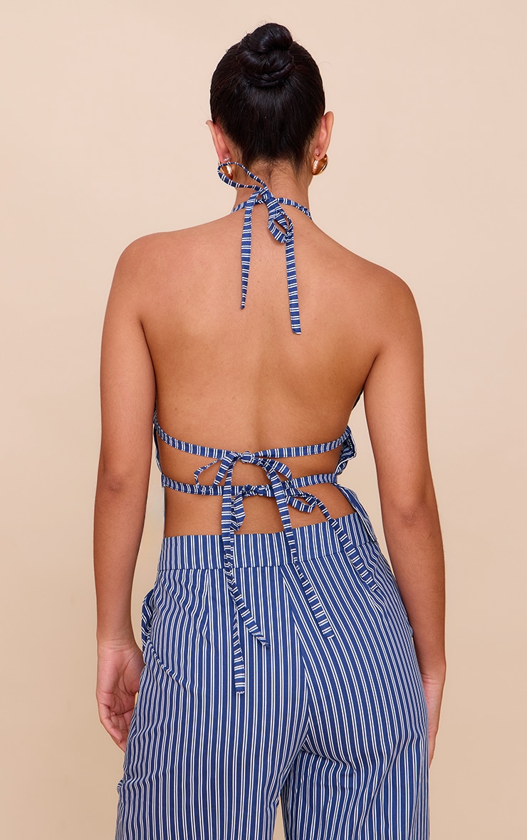 Indigo Stripe Woven Ruched Backless Halterneck Long Top image 2