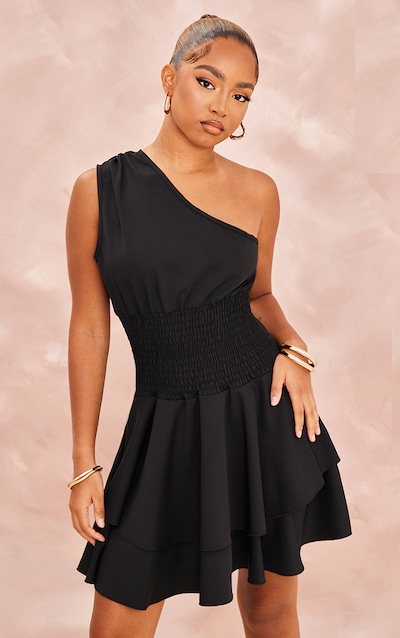 Petite Black One Shoulder Frill Dress