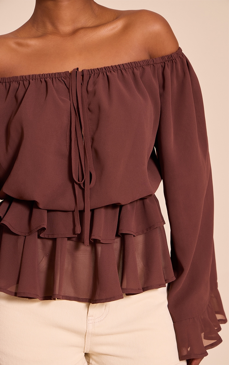 Chocolate Chiffon Bardot Frill Detail Long Sleeve Top image 4