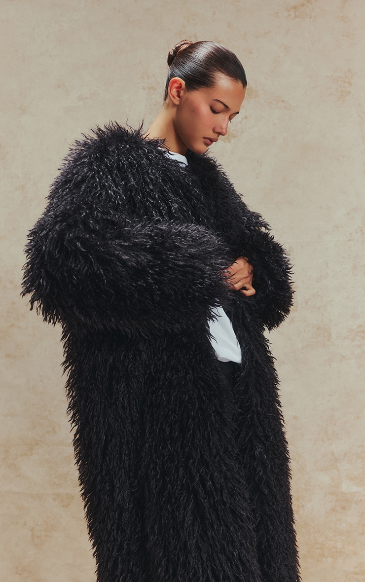 Black Faux Mongolian Fur Collarless Maxi Coat image 4