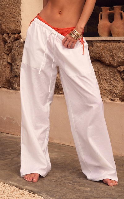 White Cotton Linen Blend Drawstring Waist Pants