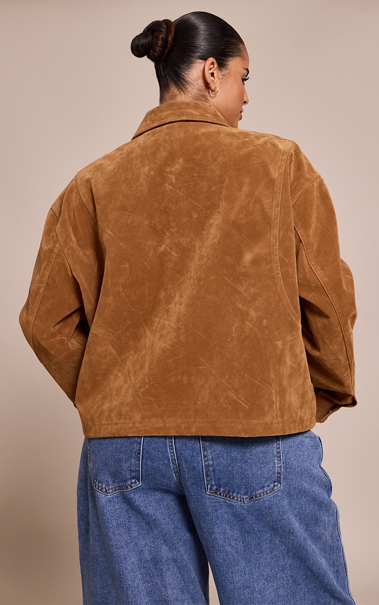 Plus Tan Faux Suede Concealed Placket Bomber Jacket image 2