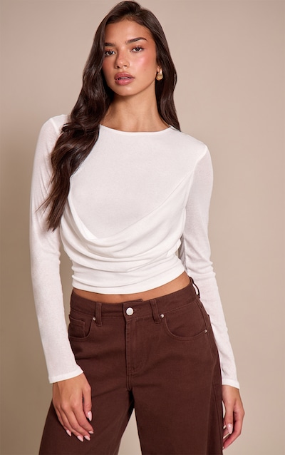 Top en mesh dévoré crème à manches longues et partie drapée