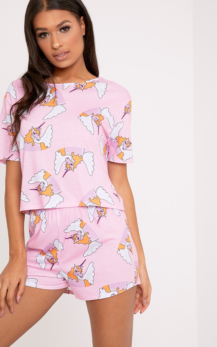 Pale Pink Unicorn Short Pj Set  Pjs  PrettyLittleThing USA
