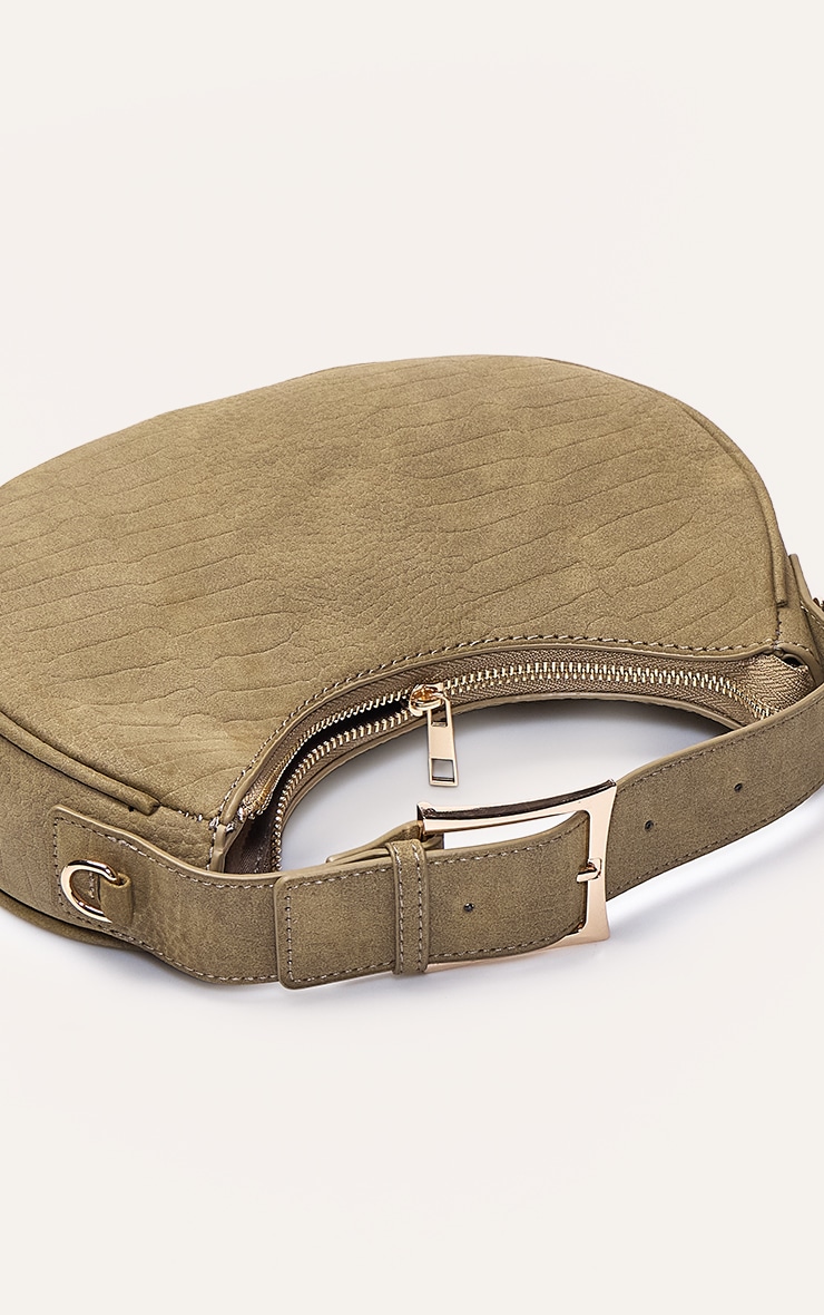Olive Faux Suede Croc Crescent Shoulder Bag image 5