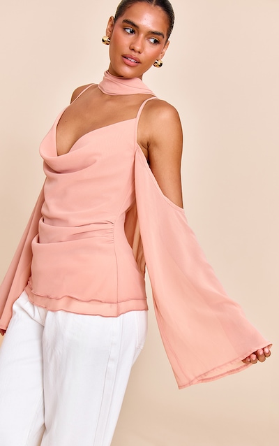 Top long en mousseline de soie mauve drapé à foulard