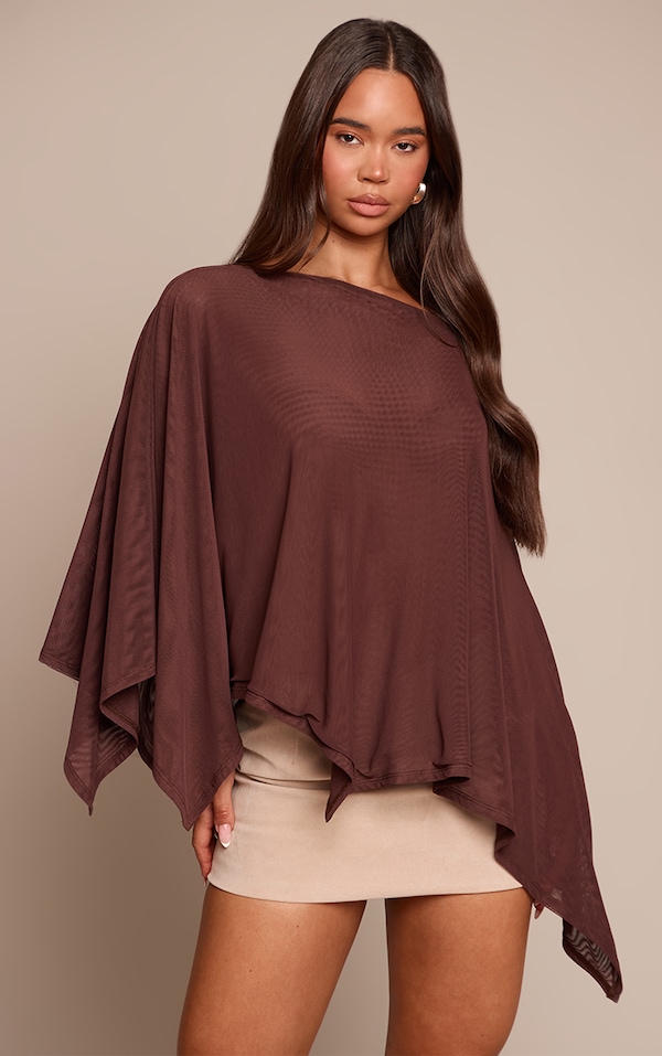 Chocolate Mesh Oversized Cape Detail Top