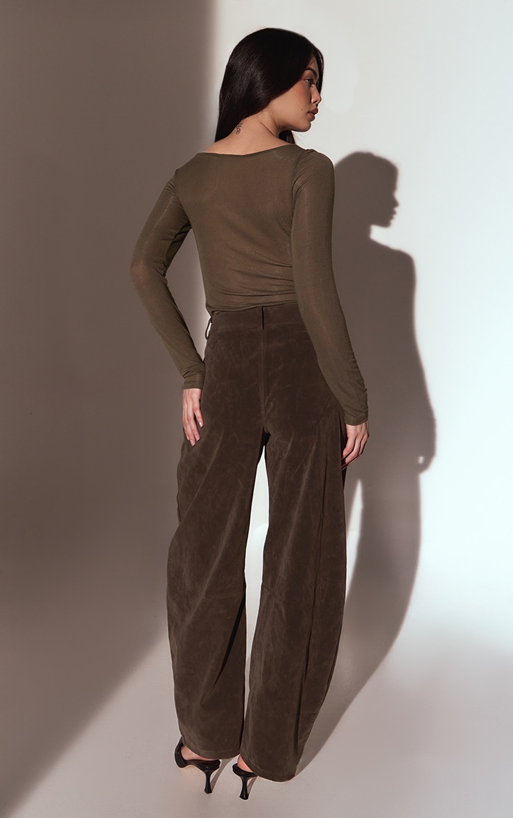 Dark Khaki Faux Suede Barrel Leg Trousers image 3