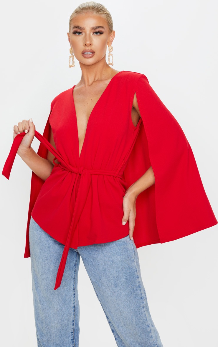 Red Crepe Belted Cape Blazer