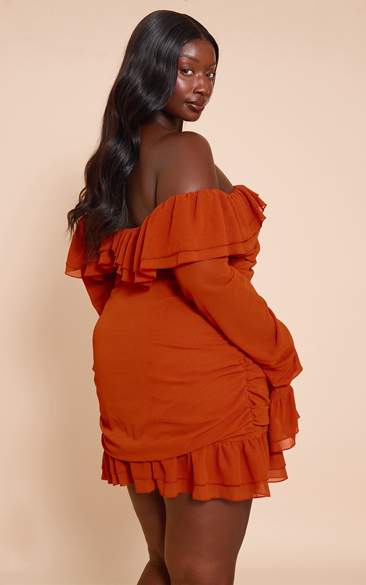 Plus Rust Bardot Ruffle Detail Shift Dress image 2