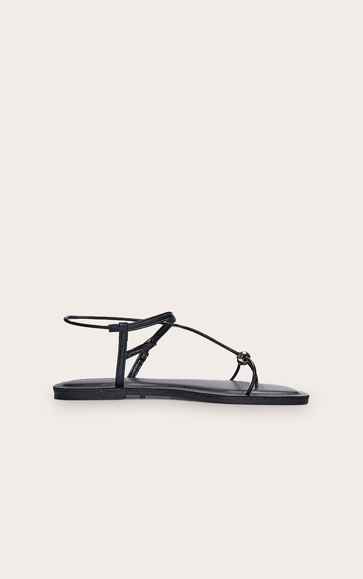 Black Pu Square Toe Thong Gold Trim Flat Sandals image 2