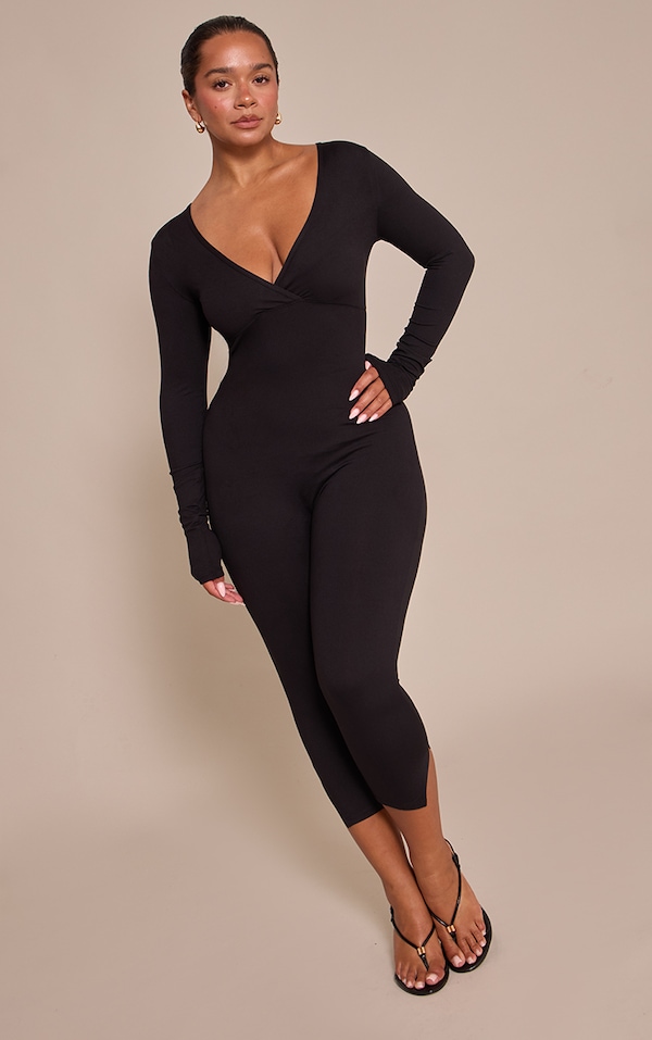 Shape Black Sculpt Long sleeve wrap V neck Capri Jumpsuit