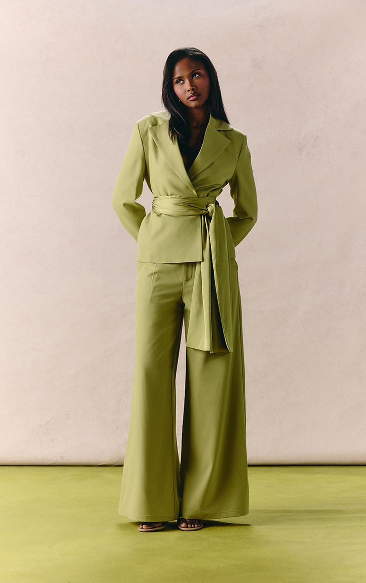 Apple Green Woven Oversized Satin Belted Blazer image 3