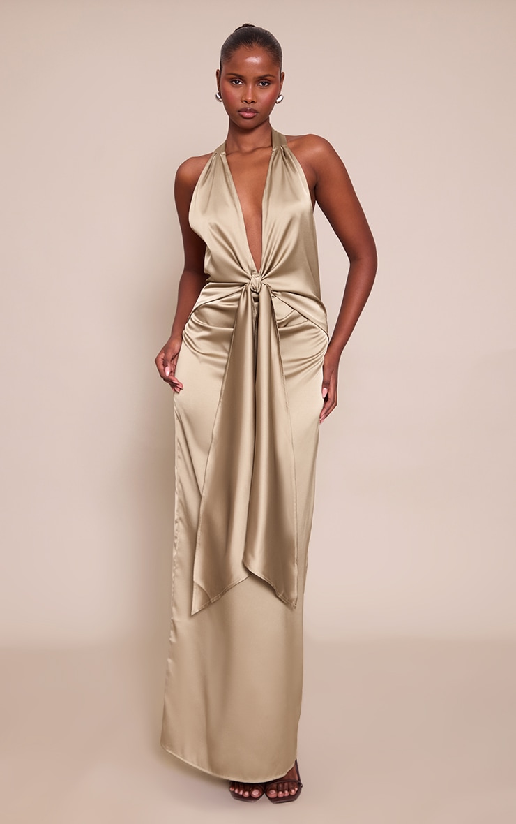 Robe droite satinée vert olive à découpe goutte d'eau image 1