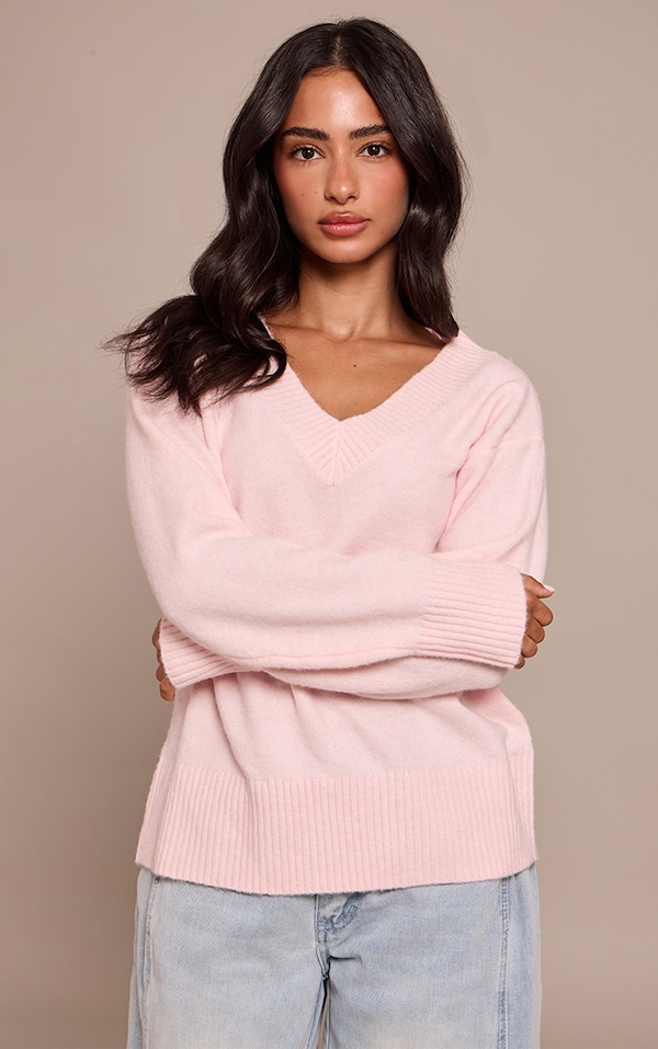 Petite Baby Pink Knit V-neck Sweater