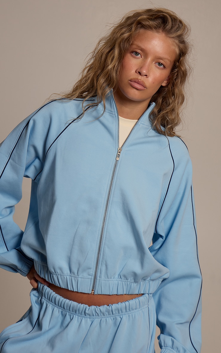 Blue Interlock Contrast Piping Bomber Sweatshirt image 4