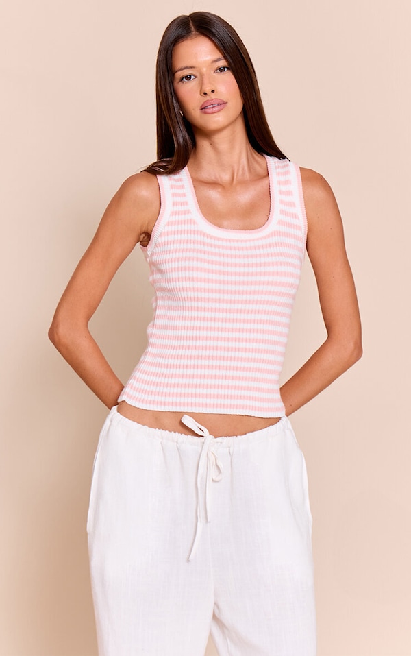 Débardeur en maille tricot côtelée rose à rayures et col rond