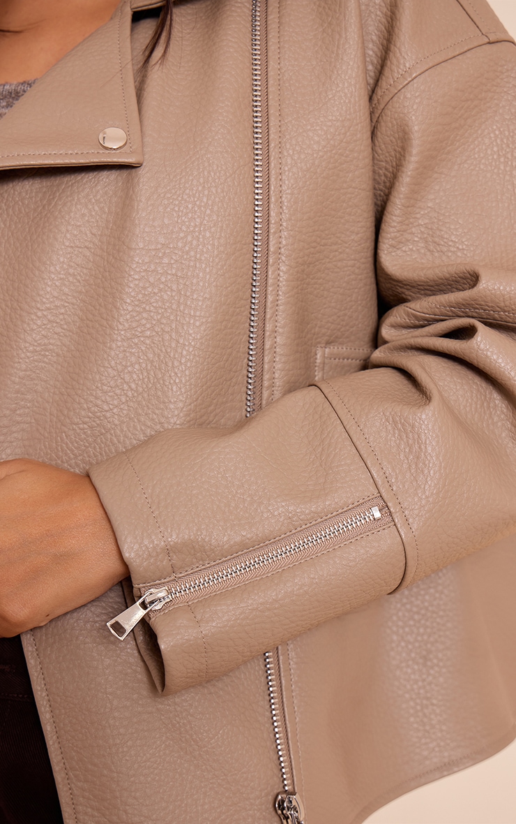 Taupe Faux Leather Oversized Biker Jacket image 4