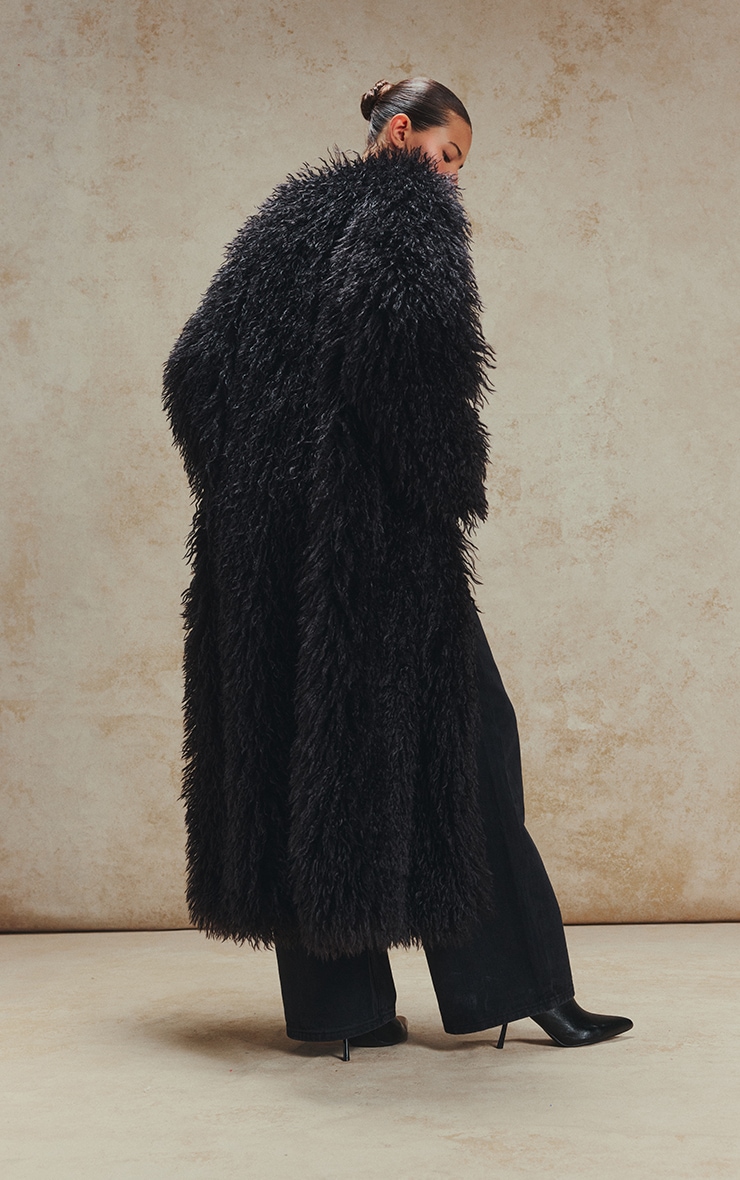 Black Faux Mongolian Fur Collarless Maxi Coat image 2