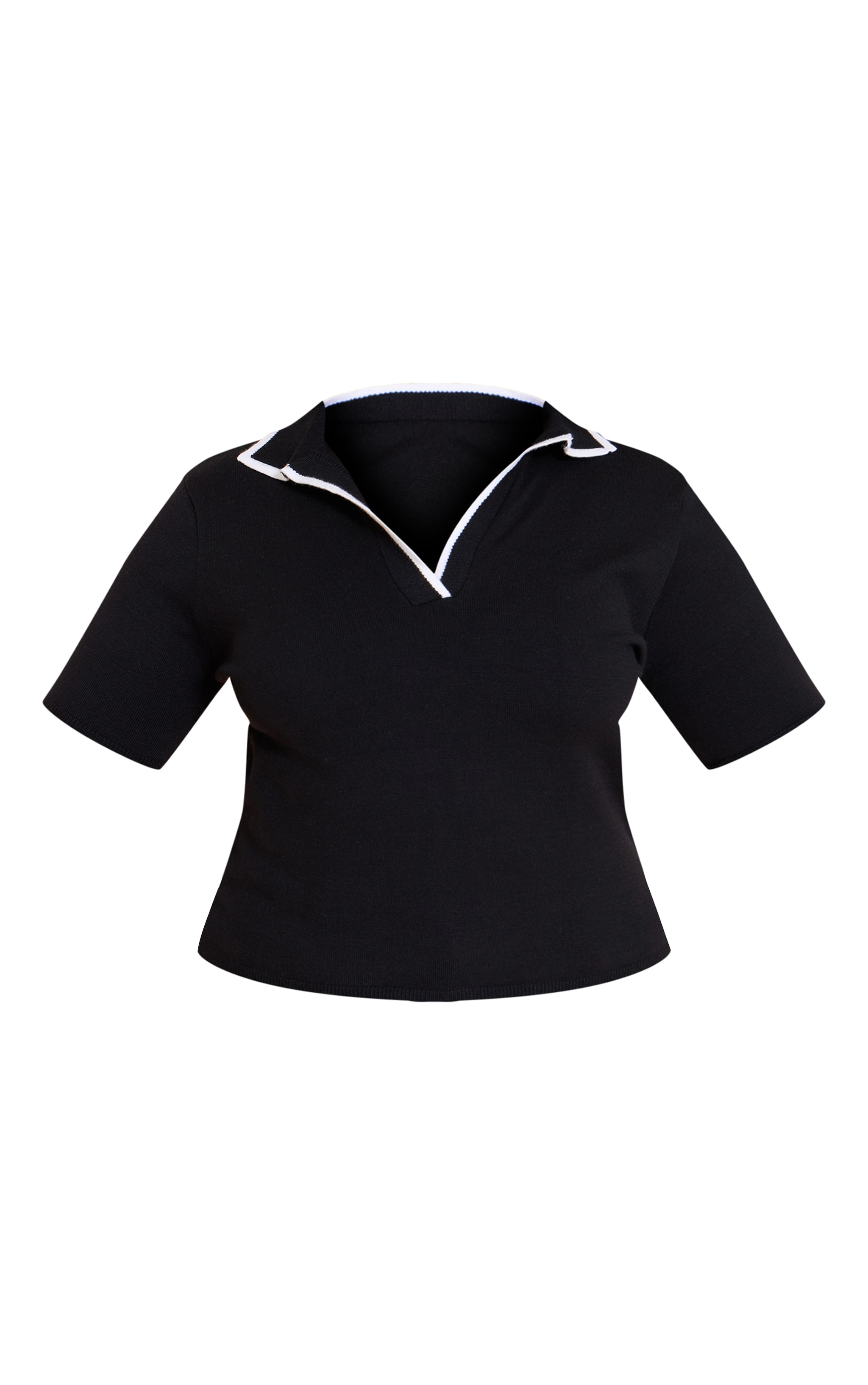 Plus Black Knitted Contrast Polo Collar Top image 5
