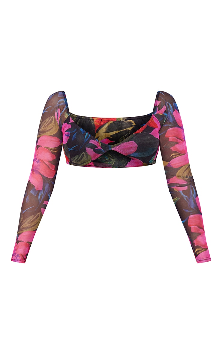 Pink Tropical Print Mesh Curved Hem Long Sleeve Crop Top image 1