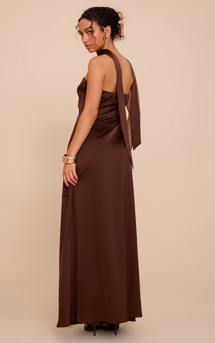 Chocolate Satin Bandeau Scarf Detail Maxi Dress image 2