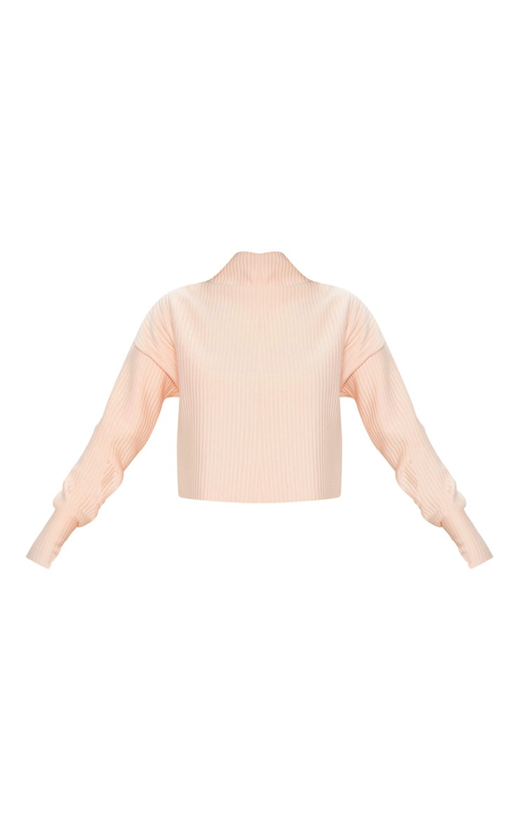 Pull rose p├óle ├á grosse maille c├┤tel├®e col montant et manches longues image 3