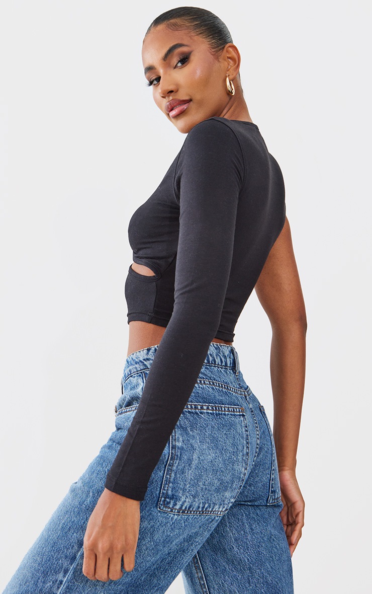 Black Jersey Knot Front One Shoulder Crop Top image 2