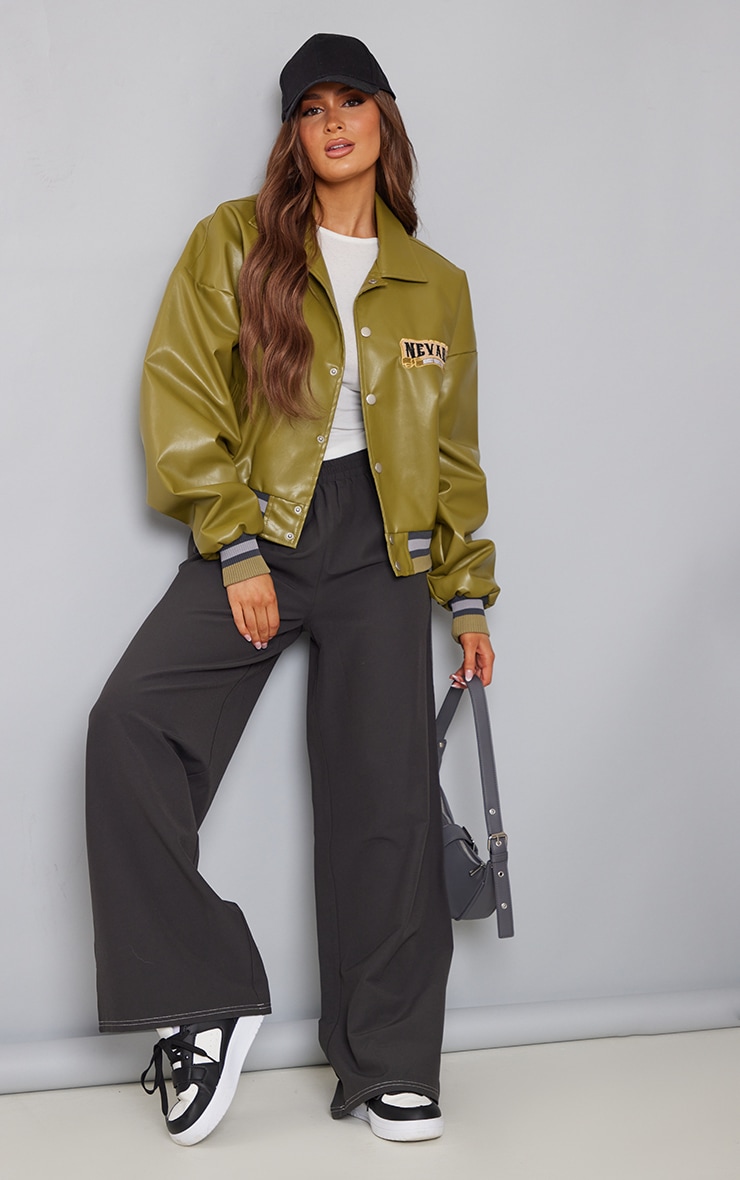  Olive Khaki Faux Leather Contrast Rib Bomber Jacket image 3