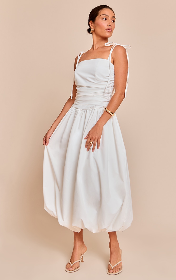 Petite White Spaghetti Strap Puff Midi Dress image 3