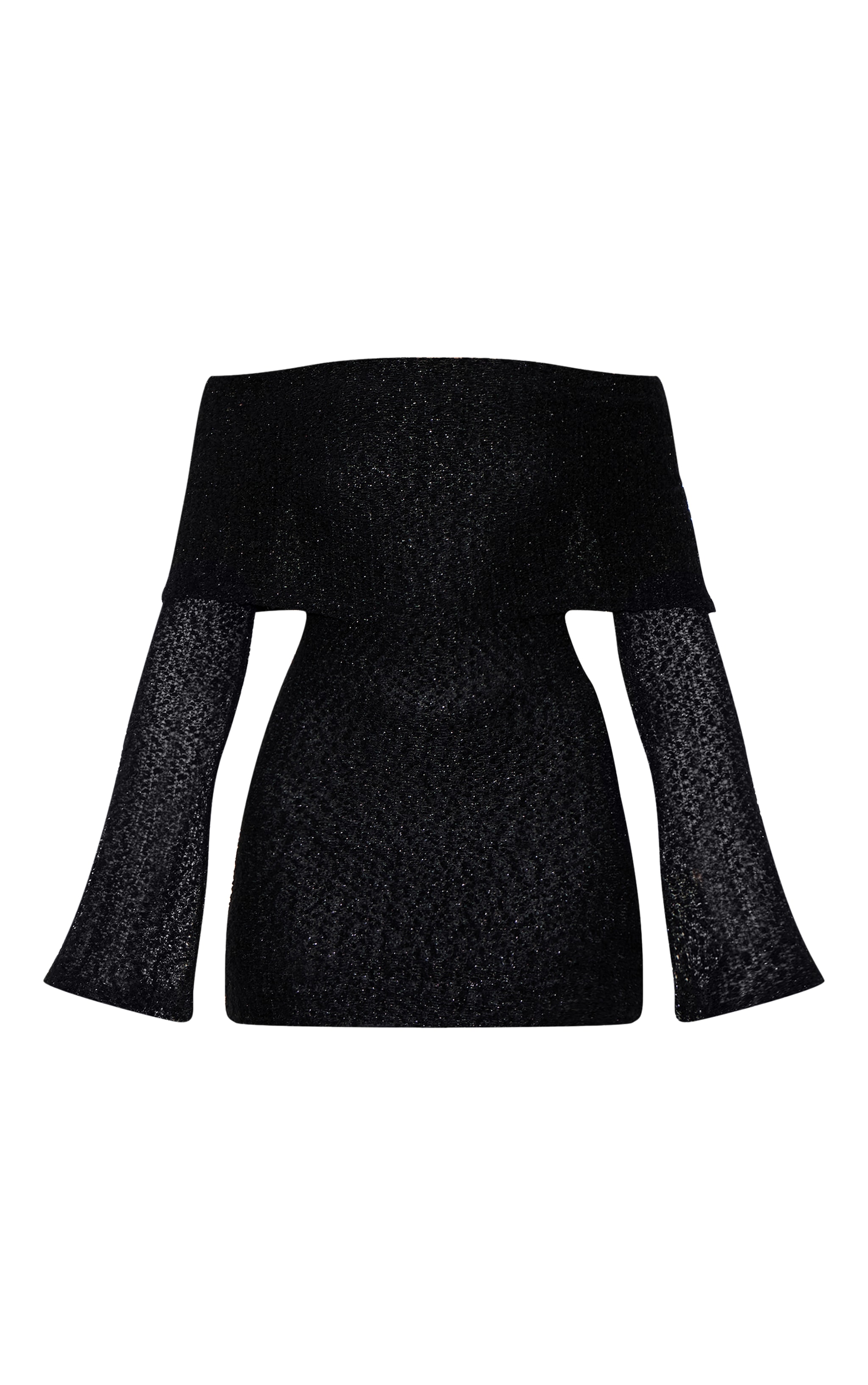Black Textured Bardot Flare Long Sleeve Mini Dress image 5