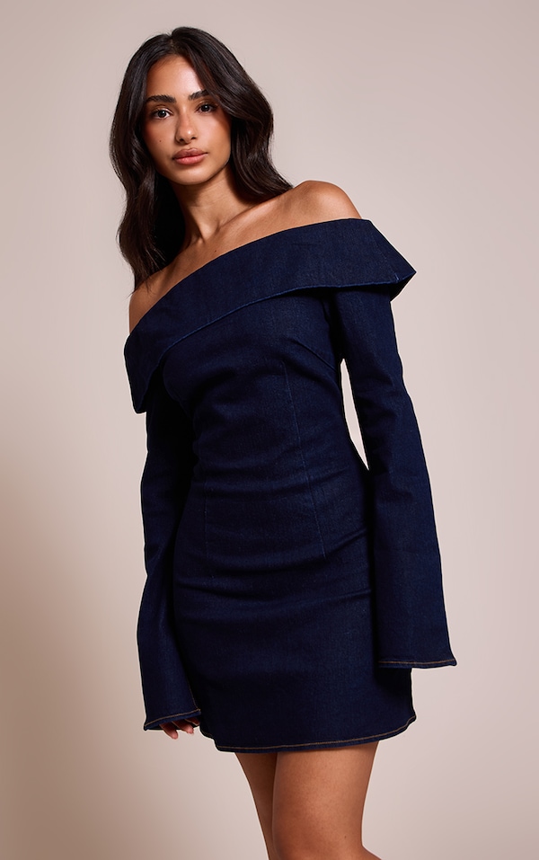Petite Mid Blue Wash Long Sleeve Asymmetric Tie Mini Dress
