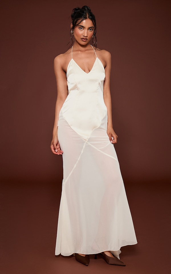 Oyster Satin Contrast V Neck Maxi Dress