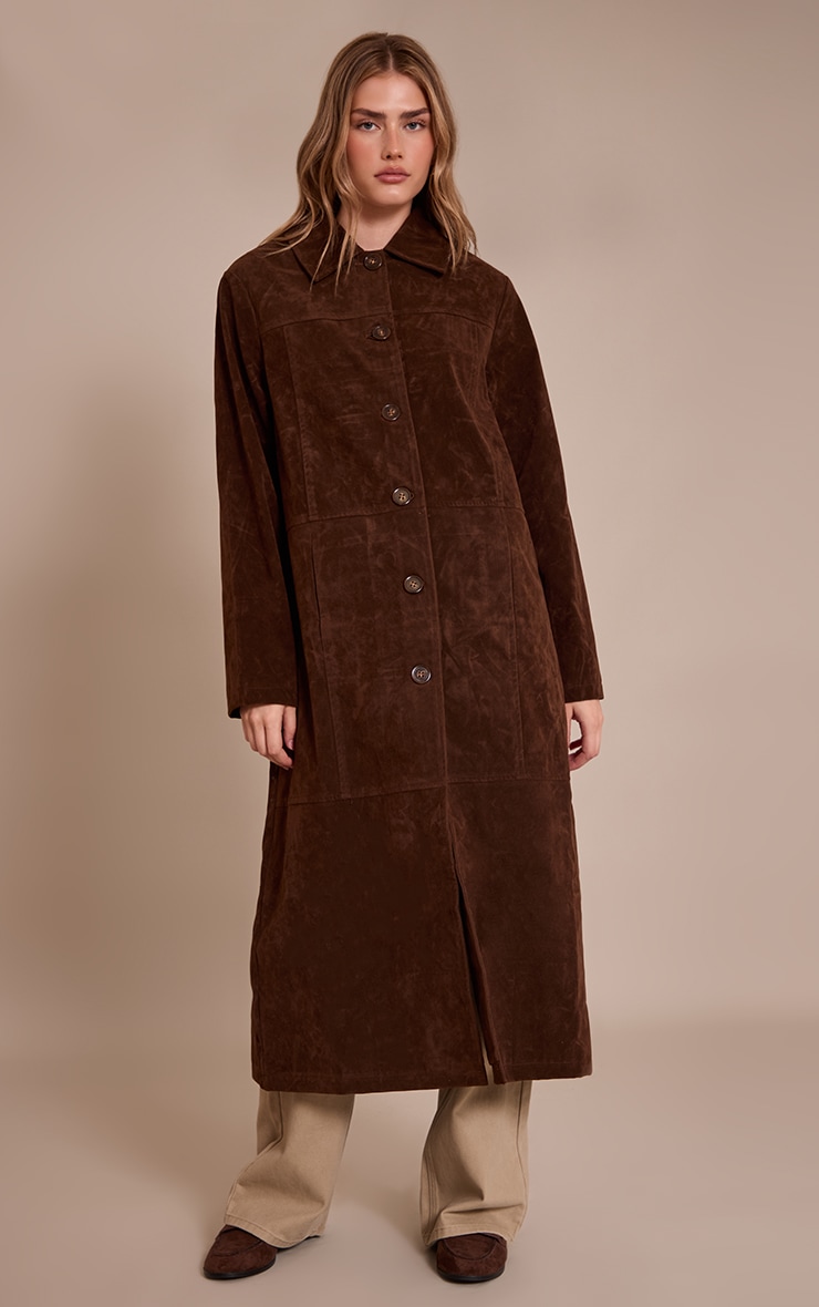 Chocolate Suede Longline Button Coat